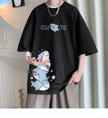 Men's Cotton T-shirts White Men Oversized T Shirt Anime Shark Print Summer Casual Wear 5XL Tee Shirts Big Size Male Clothes