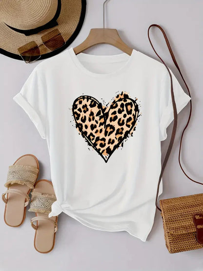 Summer Top Tee Leopard Print Heart Graphic  Lover T-Shirt Graphic T Shirts Women's Clothing Fashion Tshirt