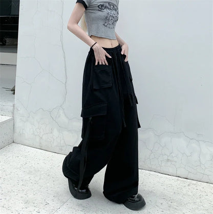 High Quality 2025 Cotton High Street Cargo Pants for Women Men with Ribbon High Waist Wide Leg Hip-hop Cool Dances Pants Ladies