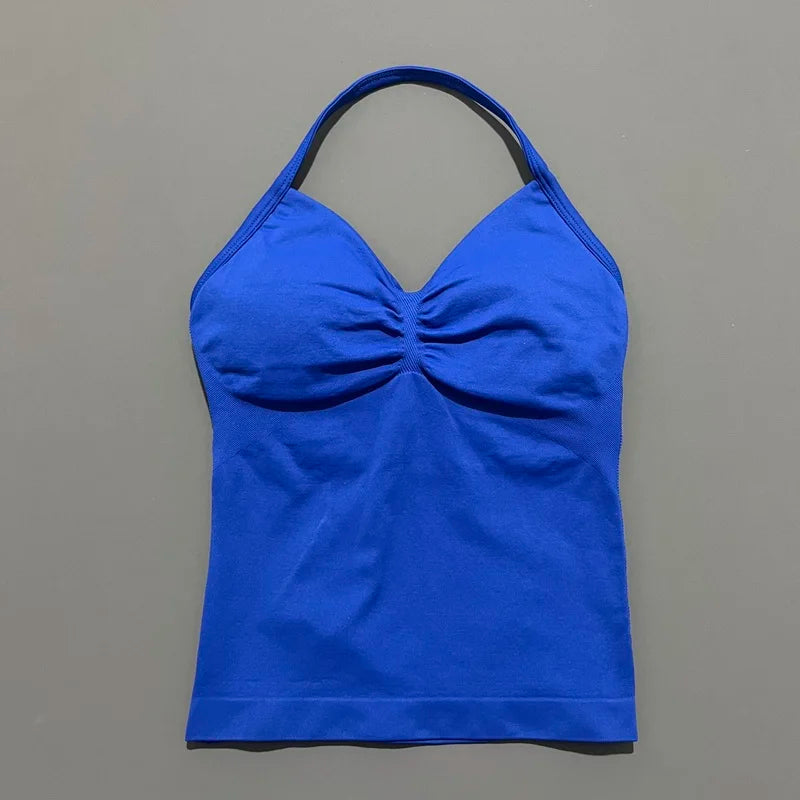 Women Yoga Vest - Longline Strappy Top | Breathable Fitness Tank Top Open Back Halter