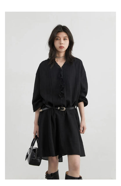 Women Loose Dress - Casual V-Neck Long Sleeve A-Line Knee Dress With Ruffled Lantern Sleeves