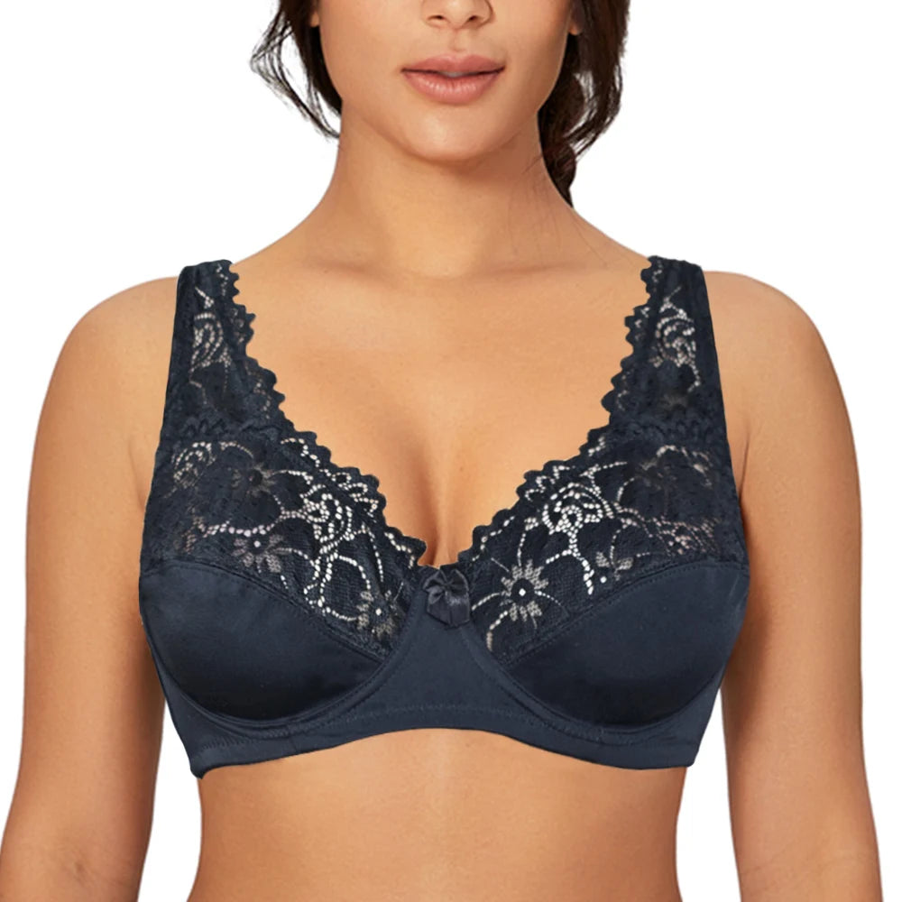 Plus Size Lace Bra - Women's Underwire Floral Lace Brassiere with Adjustable Straps