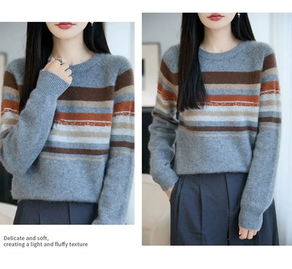 Autumn and winter 100% pure wool striped retro style round-neck wool knit women's long-sleeved versatile sweater top