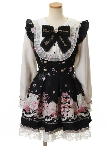 Japanese Y2 Aesthetics Vintage Bow Dress Shorts Set Women Gothic Lolita Style Long Sleeve Shirt Dress Elegant Party Dress Suits