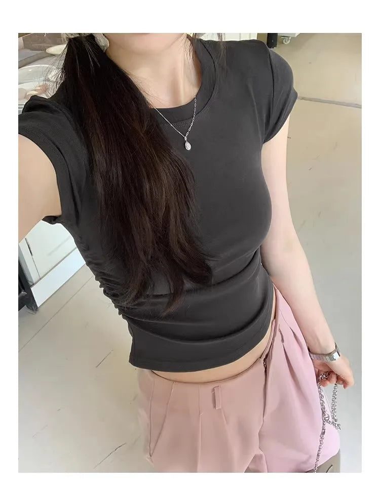 Women's Basic Solid Crop Top Short Sleeve Crewneck Skinny T-shirt Summer Casual Y2K Vintage Harajuku Streetwear
