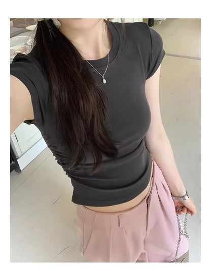 Women's Basic Solid Crop Top Short Sleeve Crewneck Skinny T-shirt Summer Casual Y2K Vintage Harajuku Streetwear