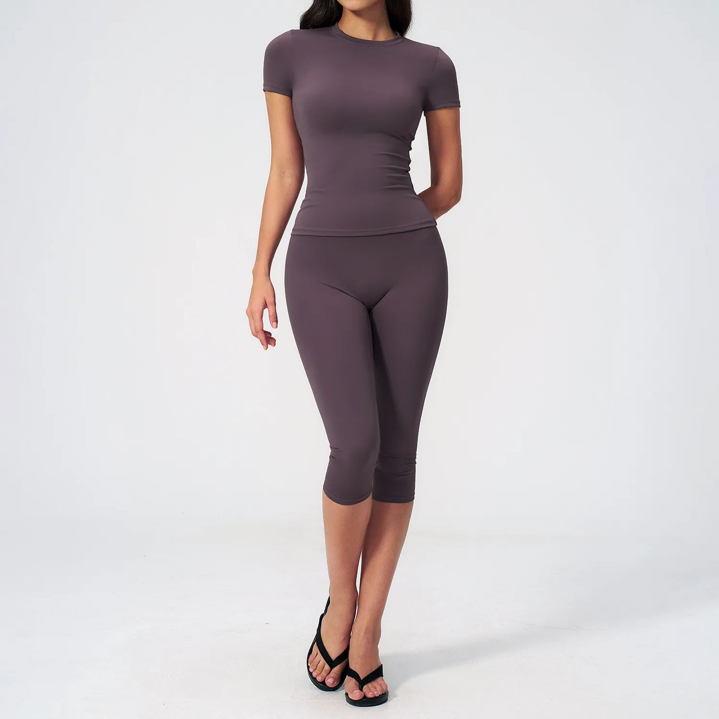 Women Tracksuit Yoga Set 2PCS Sports Set Short Sleeve Fitness Outfits Workout Clothes Running Capri Pants Gym Suit Athletic Wear