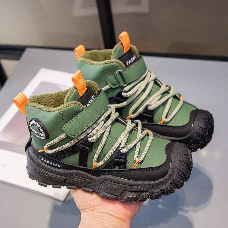 Kids Hiking Shoes Waterproof Leather Boots - Warm Cotton Rubber Sole Winter Footwear