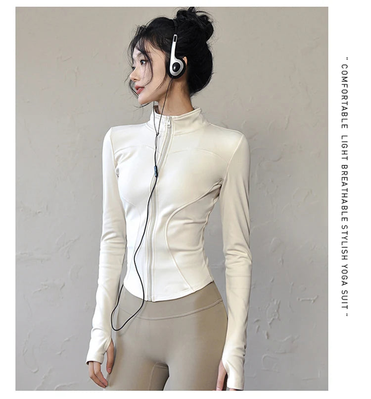 Women Sports Jacket - Long Sleeve Zip Fitness Shirt With Turn-Down Collar