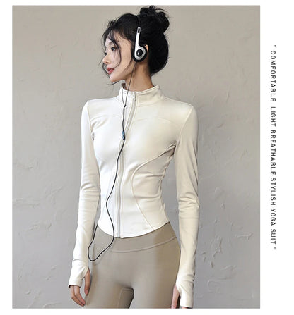 Women Sports Jacket - Long Sleeve Zip Fitness Shirt With Turn-Down Collar