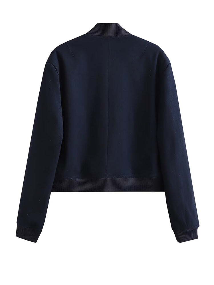 Women Bomber Jacket - Solid V Neck Single Breasted Polyester Coat With Pockets