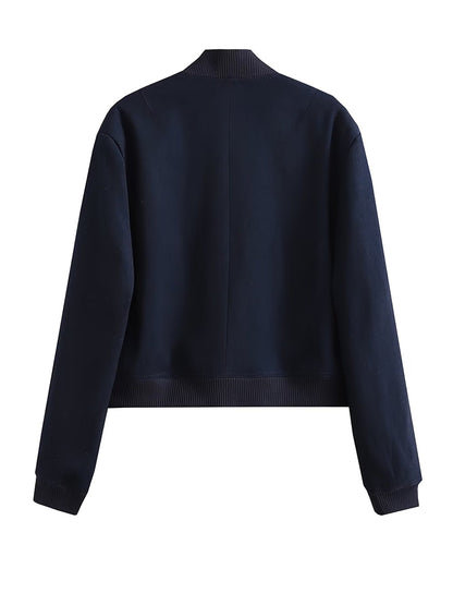Women Bomber Jacket - Solid V Neck Single Breasted Polyester Coat With Pockets