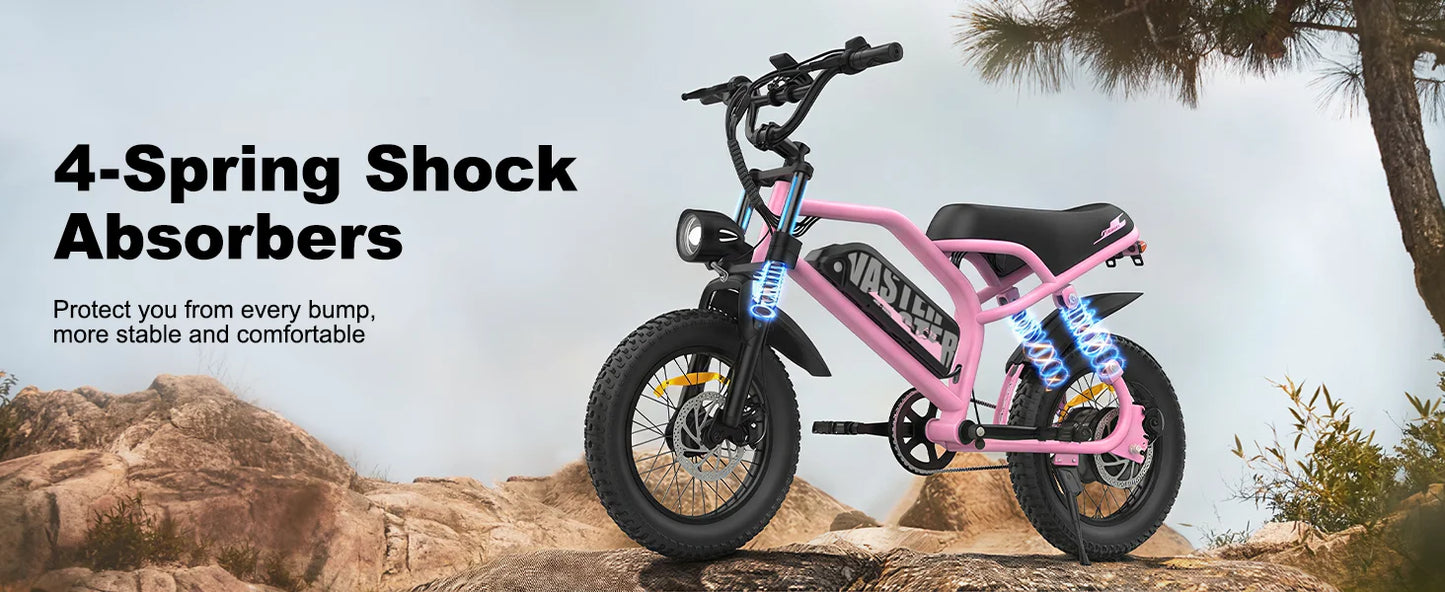 VDL Mountain Electric Bike , 16" Fat Tire Ebike, Wider Seat 250W Peak Motor, Removable Battery, Front Fork Suspension