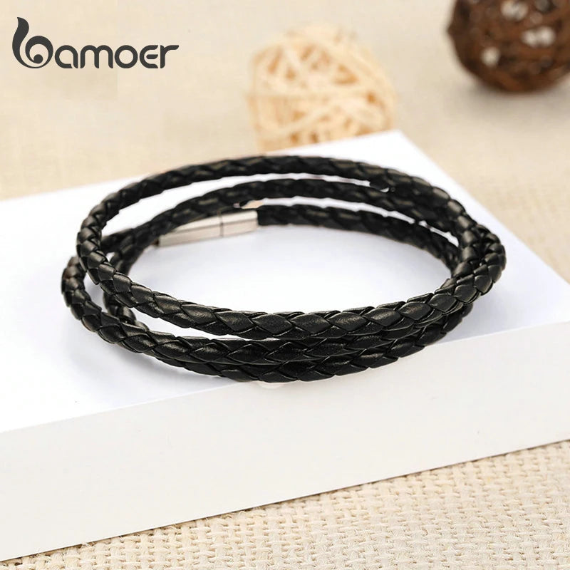 BAMOER PU Leather Bracelet Multi-layer Wrap Braid Long Chain Adjustable Magnet Buckle Unisex for Women and Men Stackable Jewelry