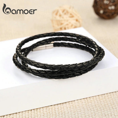 BAMOER PU Leather Bracelet Multi-layer Wrap Braid Long Chain Adjustable Magnet Buckle Unisex for Women and Men Stackable Jewelry