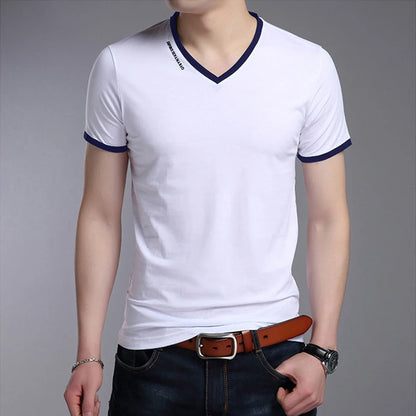 Men's V-Neck T-Shirt - Breathable Polyester Casual Tee, Solid Color Summer Top