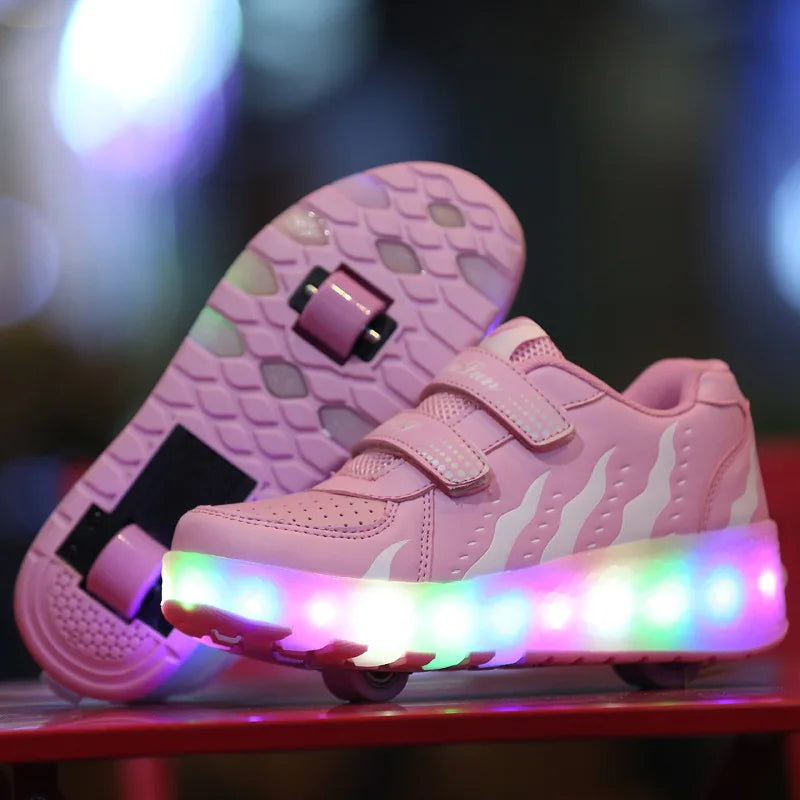 Girls Roller Skate Shoes - Pink Lighted Skates With Hook And Loop Closure