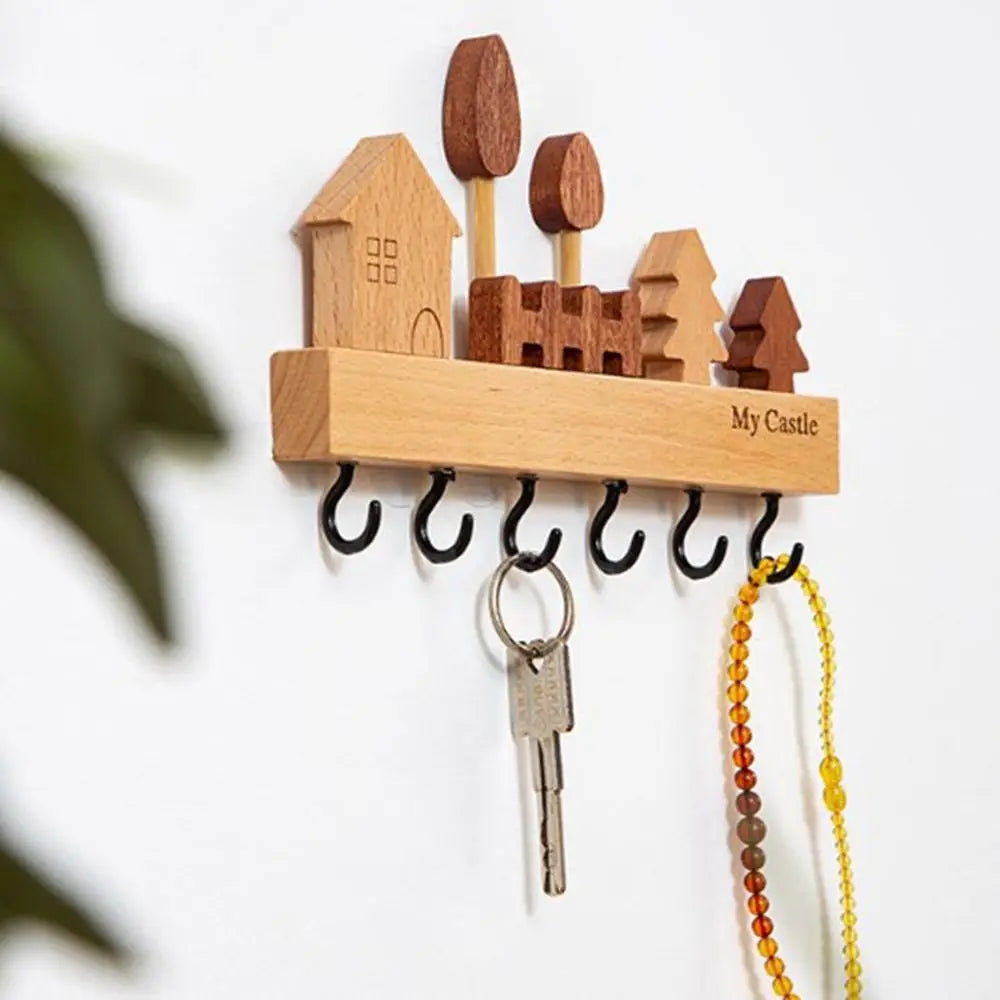 Charming Solid Wood Key Hook Rack - Punch-Free Wall Mount Storage For Keys, Coats & Towels - Perfect Home Decor Accessory