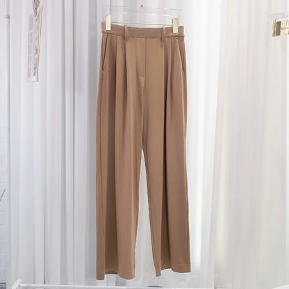 Pocketed suit pants with pleats, cool feeling, versatile wide-legged, long pants, casual, straight-cut, elastic waist