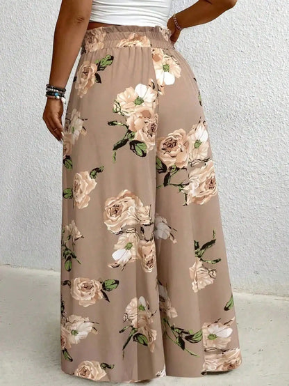 Elegant plus Size Printed Wide Leg Pants for Women Loose Fit Imitation Drawstring Waist Belt Non-Elastic Fabric