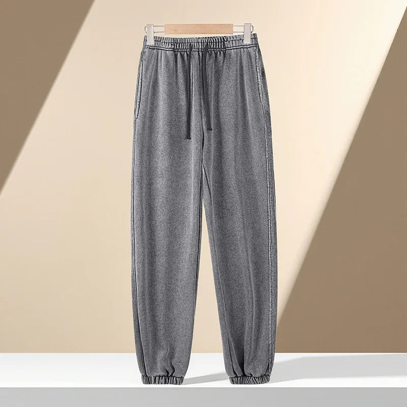 350g Water-Washed Distressed Loose Fit Casual Sweatpants with Ankle Ties - Retro American Style for Autumn/Spring