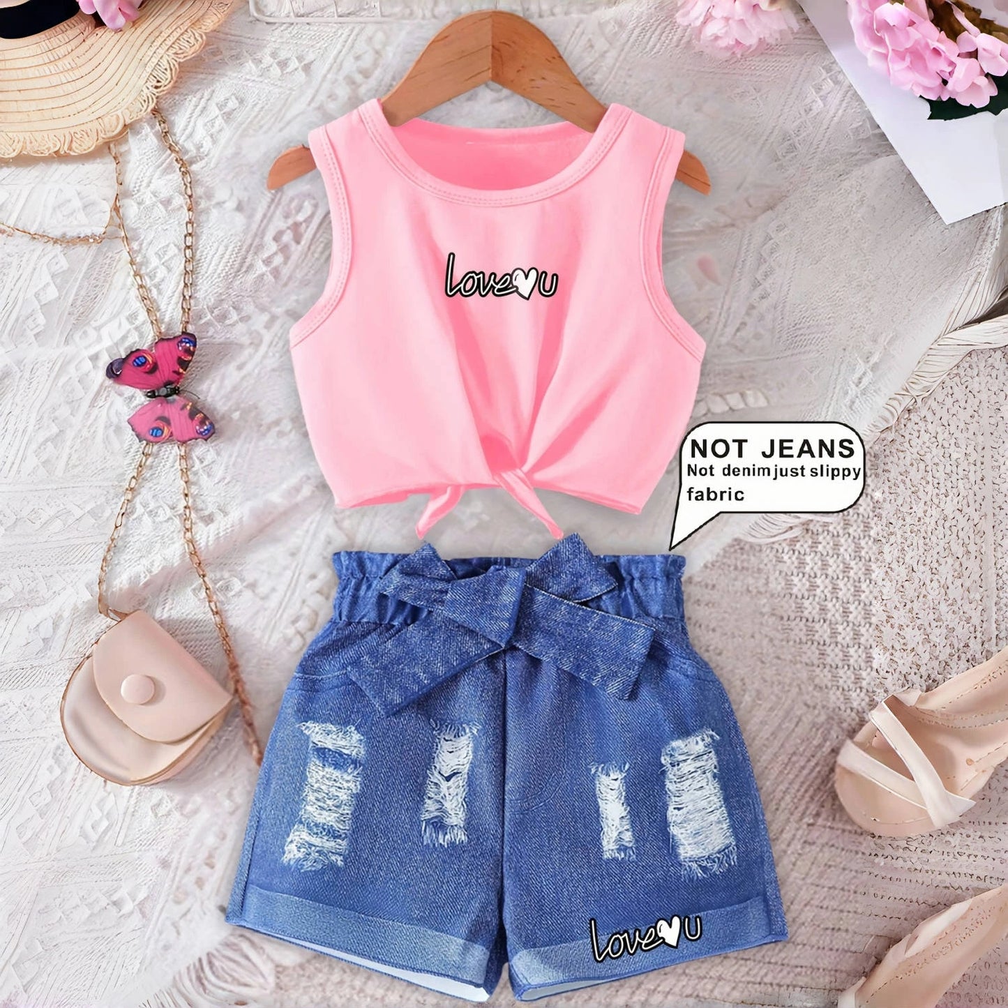 Ins Girls' Fashion Tie-Dye Full Print Printed Vest Suit Outdoor Sports Blue Shorts Suit Suitable for 3-10 Years Old