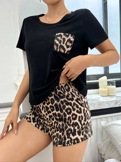 2-Pack Women's Summer Pajamas for Women Simple Casual Leopard Print Women's Short-Sleeved Shorts Pajamas Set for Women