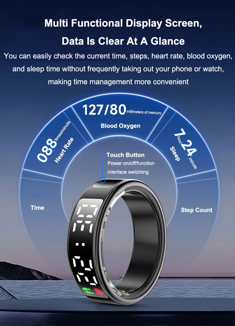 Fitness Sleep Smart Ring LED Display Screen Heart Rate Blood Oxygen Monitoring Outdoor Sports Modes IP68 & 5ATM Waterproof Ring
