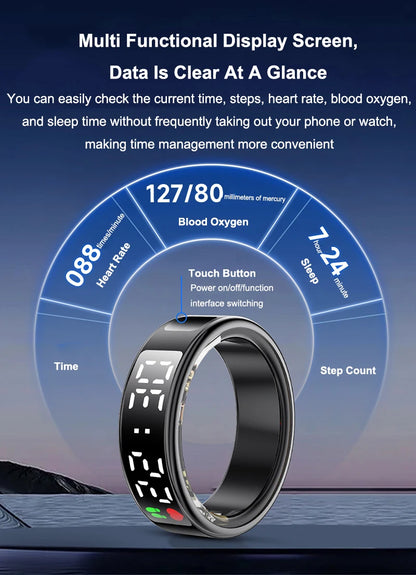 Fitness Sleep Smart Ring LED Display Screen Heart Rate Blood Oxygen Monitoring Outdoor Sports Modes IP68 & 5ATM Waterproof Ring