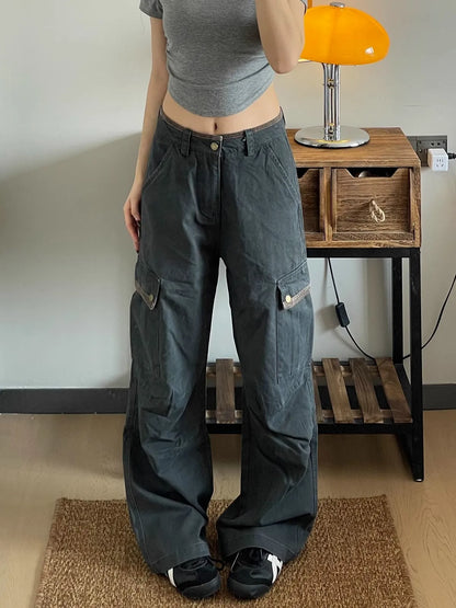 American Retro Workwear Denim Pants Women's High Waist Wide Leg Loose Straight Cut Trousers Spring Autumn New Sle Multi ket