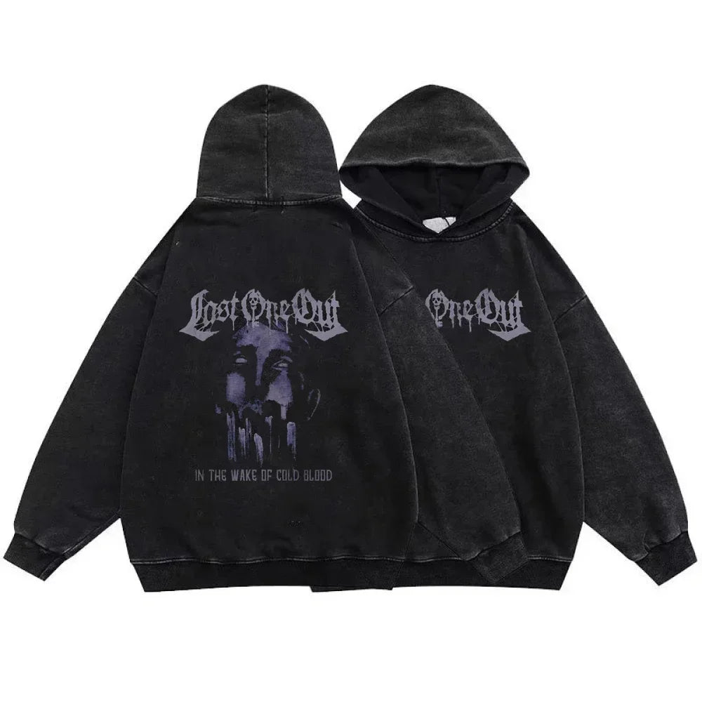 Gothic Vintage Washed Hoodies Letter Print Sweatshirts Streetwear Y2K Skeleton Hoodie Cotton Long Sleeve Pullover Hip Hop Hoody