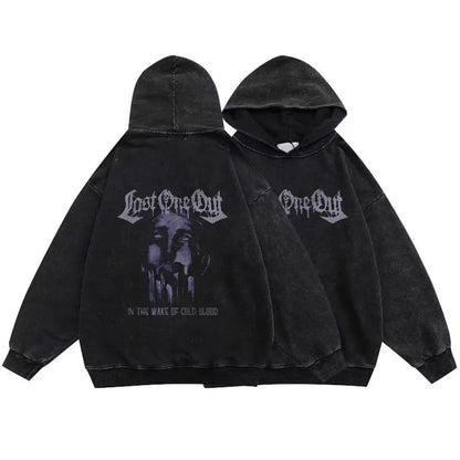 Gothic Vintage Washed Hoodies Letter Print Sweatshirts Streetwear Y2K Skeleton Hoodie Cotton Long Sleeve Pullover Hip Hop Hoody