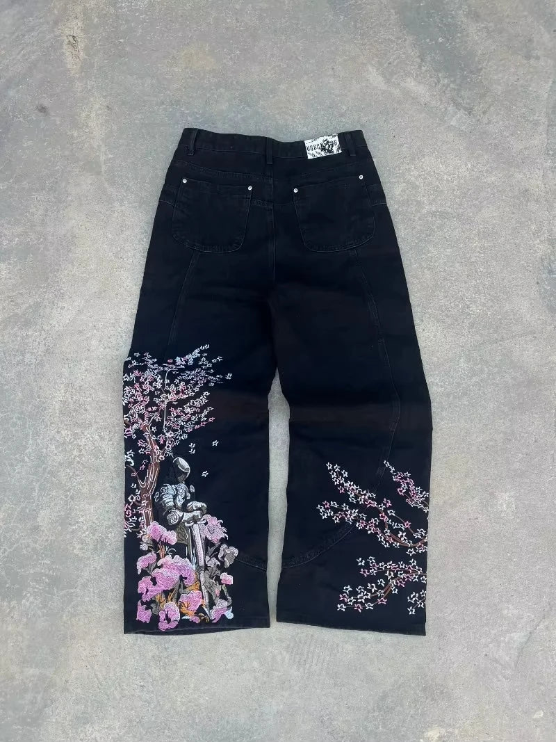 Y2K Vintage Baggy Fallen Knight Cherry Blossom Embroidery Jeans Men Women Fashion Straight Wide-leg Denim Pants Streetwear Jean
