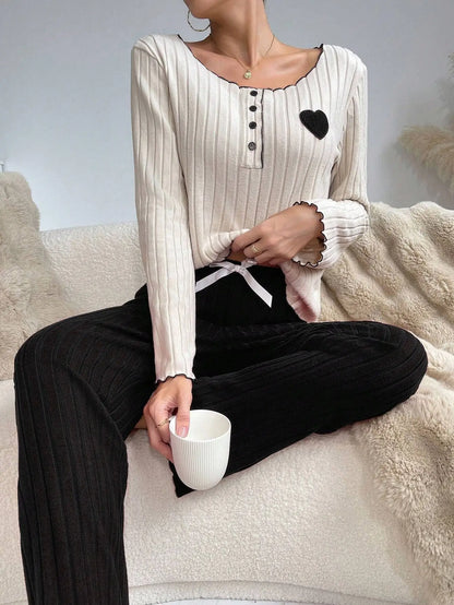 Women Autumn Winter Sleepwear Casual Long Sleeve Heart Printd Tops and Long Trousers Pajamas Set Homewear Loungewear