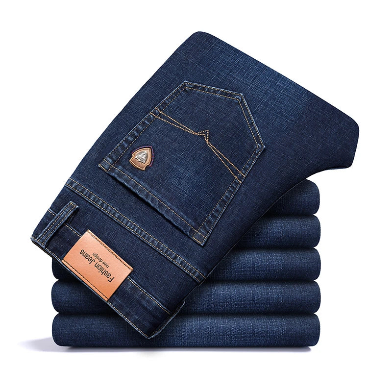 Men's Straight Jeans - Business Casual Stretch Denim Pants With Badge Decoration