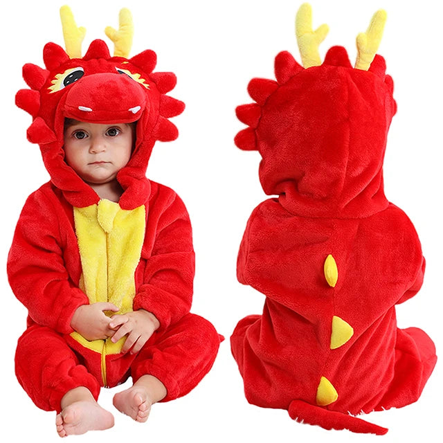 Baby Winter Rompers - Soft Polyester Hooded Jumpsuit With Animal Pattern, Machine Washable