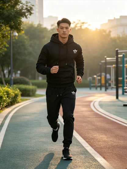 Men Sport Printed Tracksuit 2 Piece Set Warm Lined Drawstring Hoodie Jogger Pants Casual Sports Sweat Outfit For Autumn Winter