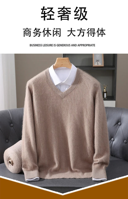 Men's 100% Pure Mink Cashmere Sweater V-neck Pullover Knit Bottoming Shirt Autumn And Winter New Long-Sleeve High-End Mink Tops