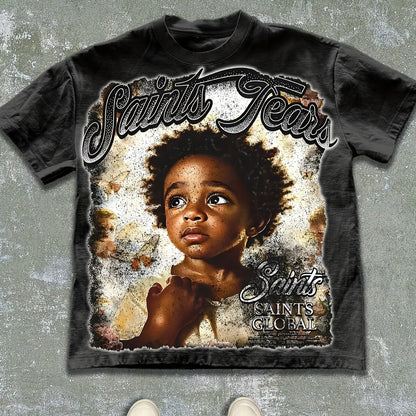 Men's Saint's Tears Pattern T-shirt for Spring and Summer, Suitable for Both Men and Women, Casual T-shirt