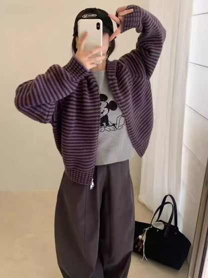 Purple Striped Hooded Sweater Jacket Women's Open Cardigan Autumn Winter Korean Style Soft Thickened Knitted Shirt Inner Wear...