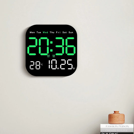 Digital Wall Clock with Temperature and Date - LED Alarm Clock 1224H Remote Control