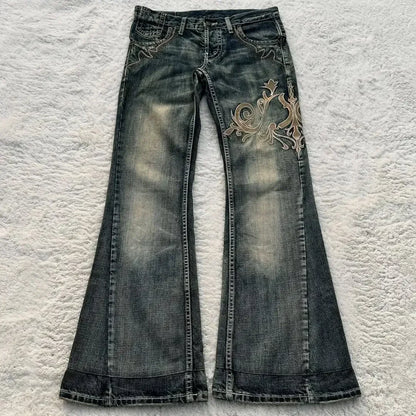 Y2K American Vintage Mottled Totem Print Baggy Jeans Women's High Waist Wide Leg Jeans Women's Harajuku Trendy Hip-hop Jeans