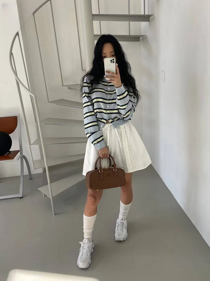 Spring New Classic Striped round Neck Button up Soft Knitted Open Cardigan Fashionable Design Sensation Women's Sweater