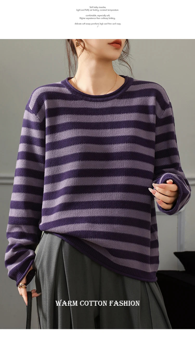 Fashion 100% pure cotton women's sweater autumn and winter casual striped knitted top loose Korean round neck women's pullover