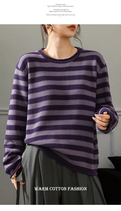 Fashion 100% pure cotton women's sweater autumn and winter casual striped knitted top loose Korean round neck women's pullover