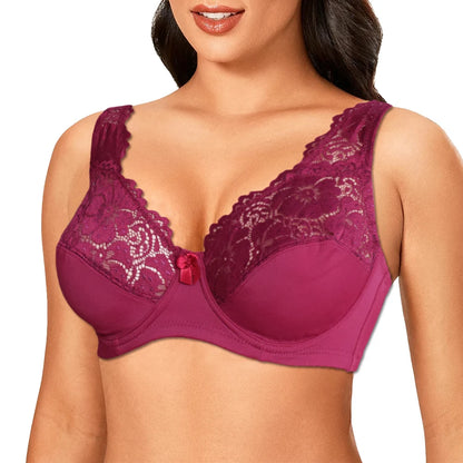 Plus Size Lace Bra - Women's Underwire Floral Lace Brassiere with Adjustable Straps