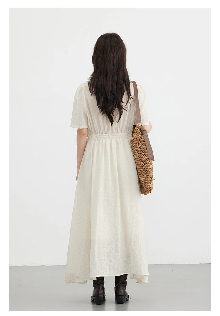 Vintage Puff Sleeve Dress - French Style Black Ankle Length Women Summer Casual Wear