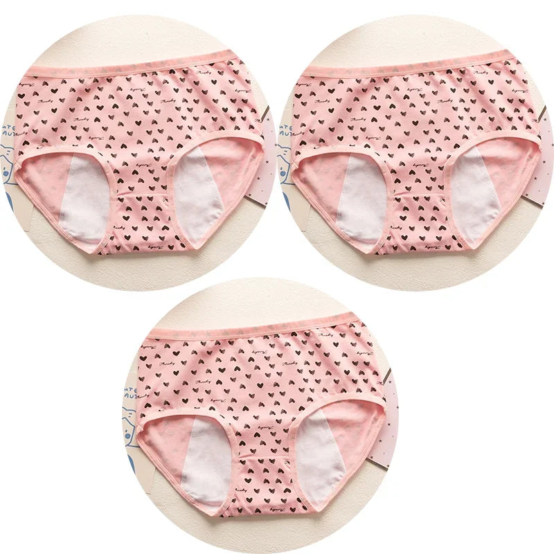 3PCS Cute Cartoon Period Underwear for Girls  Leakproof Teen Menstrual Panties 4-Layer Absorbent Reusable Washable Underwear