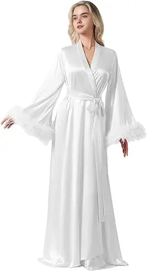 Long Feather Sleeve Bathrobe Sexy Ice Silk Kimono Wedding Bride Dress Women Loose Sleepwear Loungewear Casual Nightgown