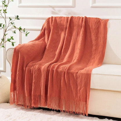 Caramel Knit Throw Blanket - Lightweight Plaid Blanket for Couch and Bed